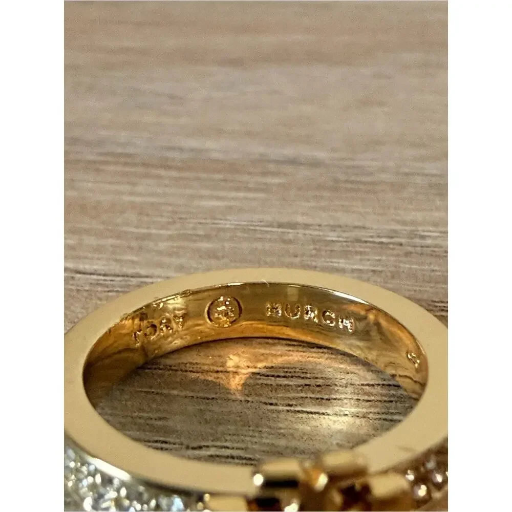 Tory Burch Crystal Miller Logo Ring Gold Tone Pave Size 7